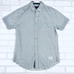 Adam Levine Collection Collared Button-up Shirt, White & Blue, Size Small